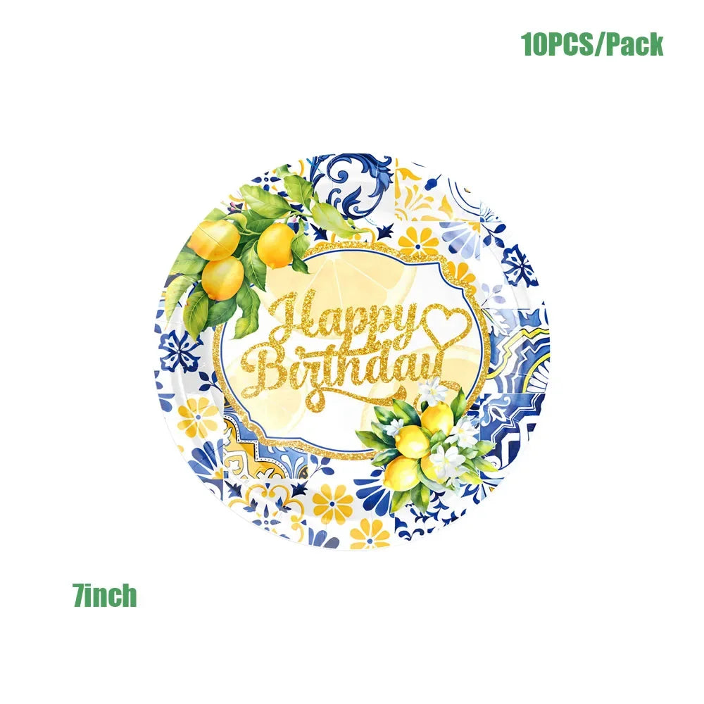 Lemon Birthday Decoration Sicilian Lemon Paper Plates Cups Napkins Tablecloth Banners Spiral Baptism Dolce Vita Party Supplies