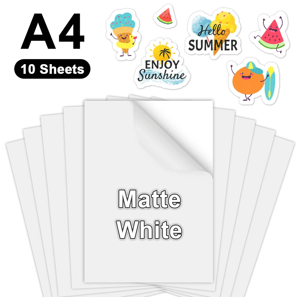 100% Transparent Printable Vinyl Sticker Paper Self-adhesive 10 Sheets A4 Glossy White Copy Paper DIY Labels for Inkjet Printer
