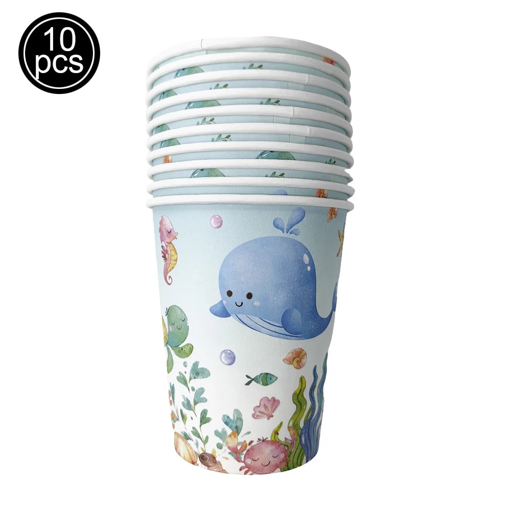Ocean Sea Birthday Party Tableware Turtle Whale Print Plates Napkins Cups for Baby Shower Ocean Party Birthday Decorations