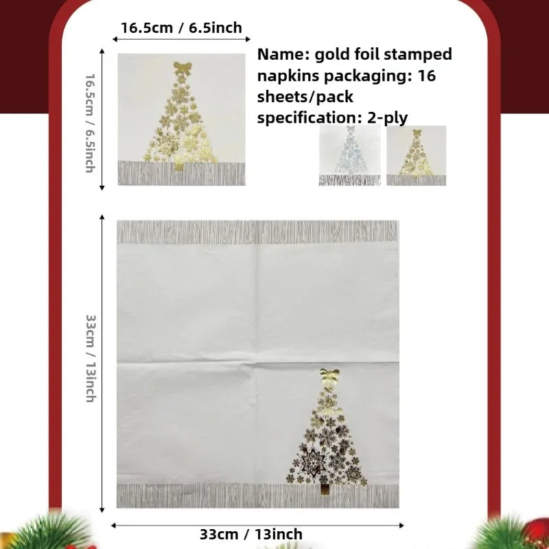 16pcs 33 * 33cm 2Layer Hot Selling Hot Stamped White Christmas Tree Napkins Christmas Disposable Table Mat DIY Decoupage Paper
