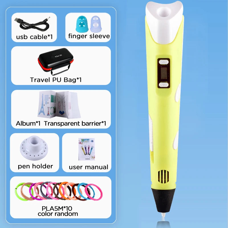 3D Pen With LCD Screen Compatible PLA Filament Toys 3D Drawing Printing Pen for Children DIY Christmas Birthday Gift