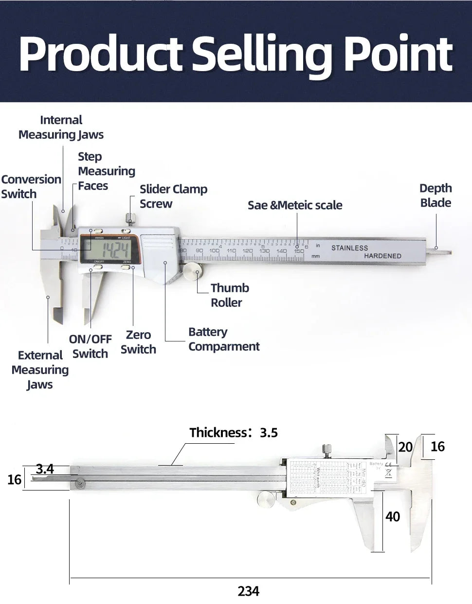 Vernier Caliper Professional Pachymeter Carpentry Tools Measuring Tool Micrometer Ruler Stainless Steel Pachometer Dial Calipers