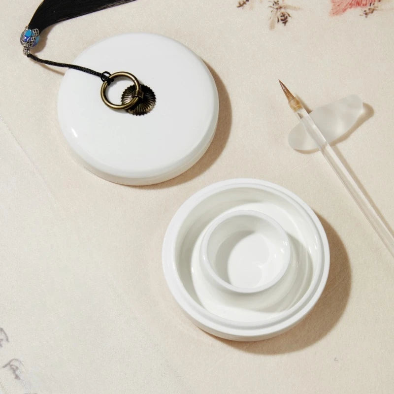 Medium Size Ceramic Ink Stone with Lid, Double Ring Moisturizing Anti-dry Ink Pot for Calligraphy Lovers Learning