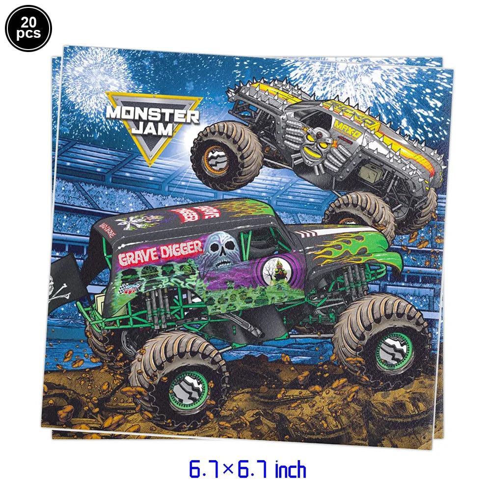Monster Truck Party Supplies Disposable Tableware Plates Napkin Banner Tablecloth for Kids Boys 2nd Birthday Party Decorations