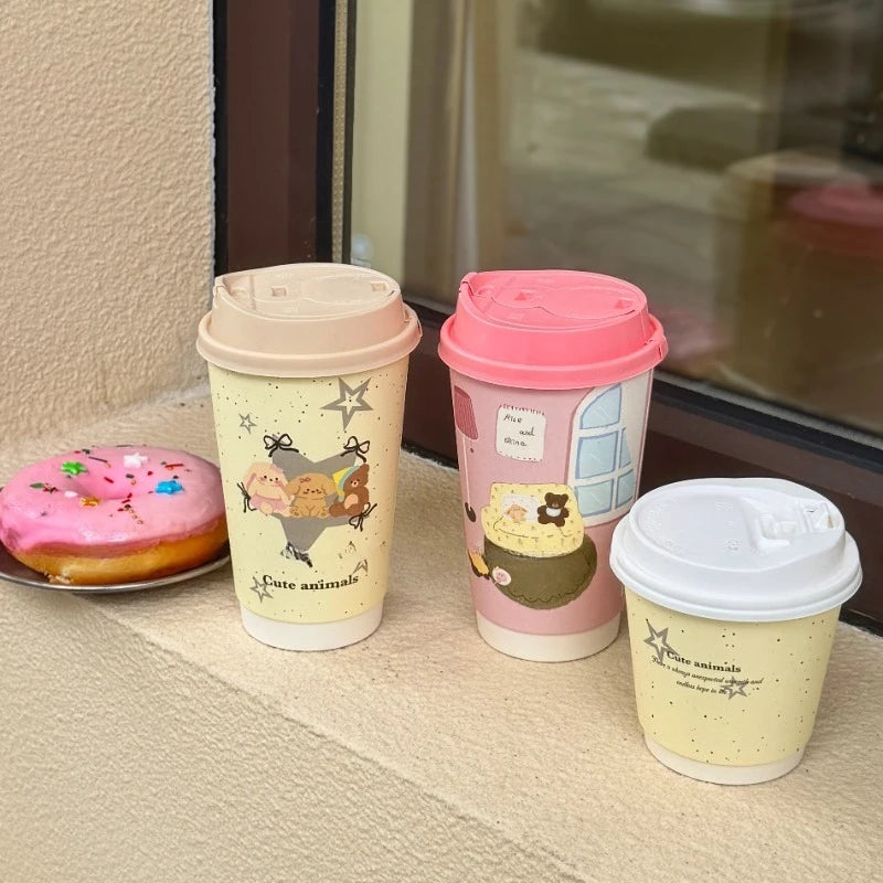 25pcs Pink Disposable Double-layer Thick Paper Cups Coffee Milk Tea Cartoon Printed Paper Cup Yellow Star Hot Drink Takeout Mug