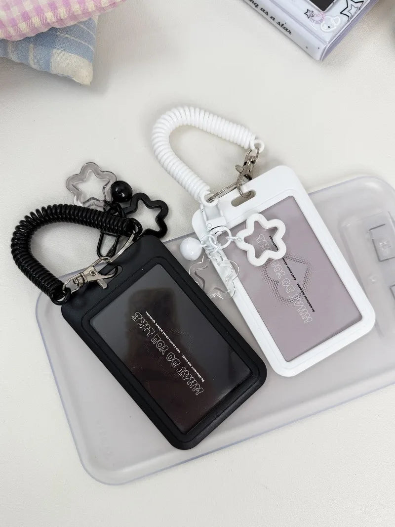 Cute Simple Protective Card Holder with Keychain Colorful Star Retractable Spring Lanyard ID Card Photo Postcard Holder Charms