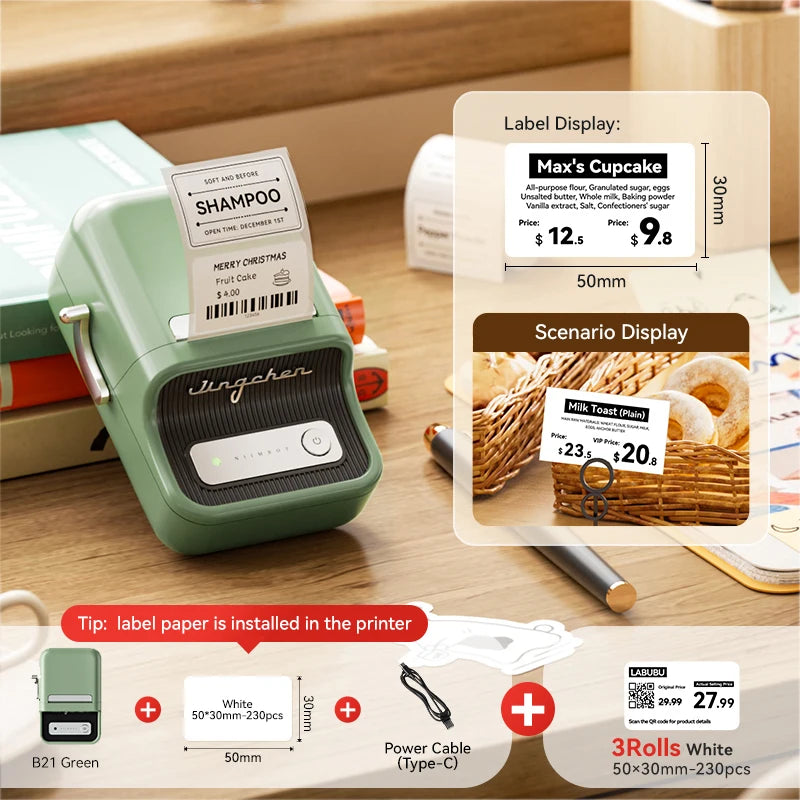 NiiMbot B21 Mini Thermal Printer Wireless Barcode Label Maker Bluetooth Portable Adhesive Label Printers for Office Commercial