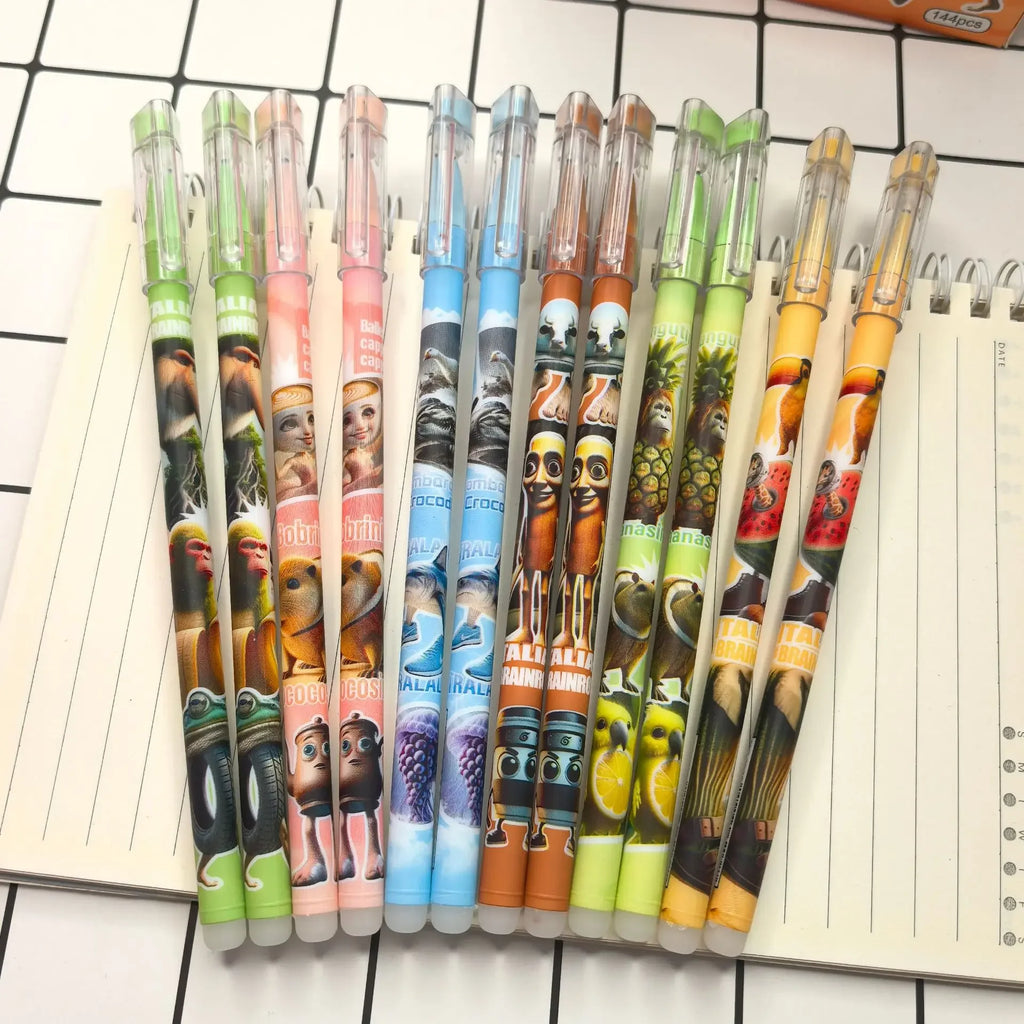12pcs Tung Tung Sahur Italian Brainrot Wooden Stick Gel Pen Cartoon Signature Pen Individually Packaged Student Stationery Gift