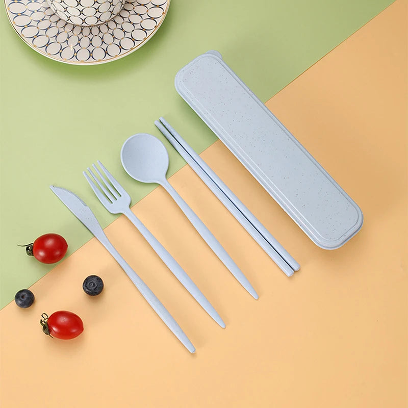 Eco-Friendly Wheat Straw Cutlery Reusable Chopstick Fork Knife Spoon Tableware Set 4Pcs/Set Portable Utensils With Box Healthy