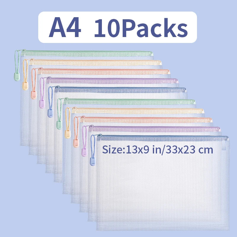 5/10/20/30PCS Mesh Zipper Pouch Document Bag Waterproof Zip File Folders A4 A5 Size Office School Supplies Document Storage Bags