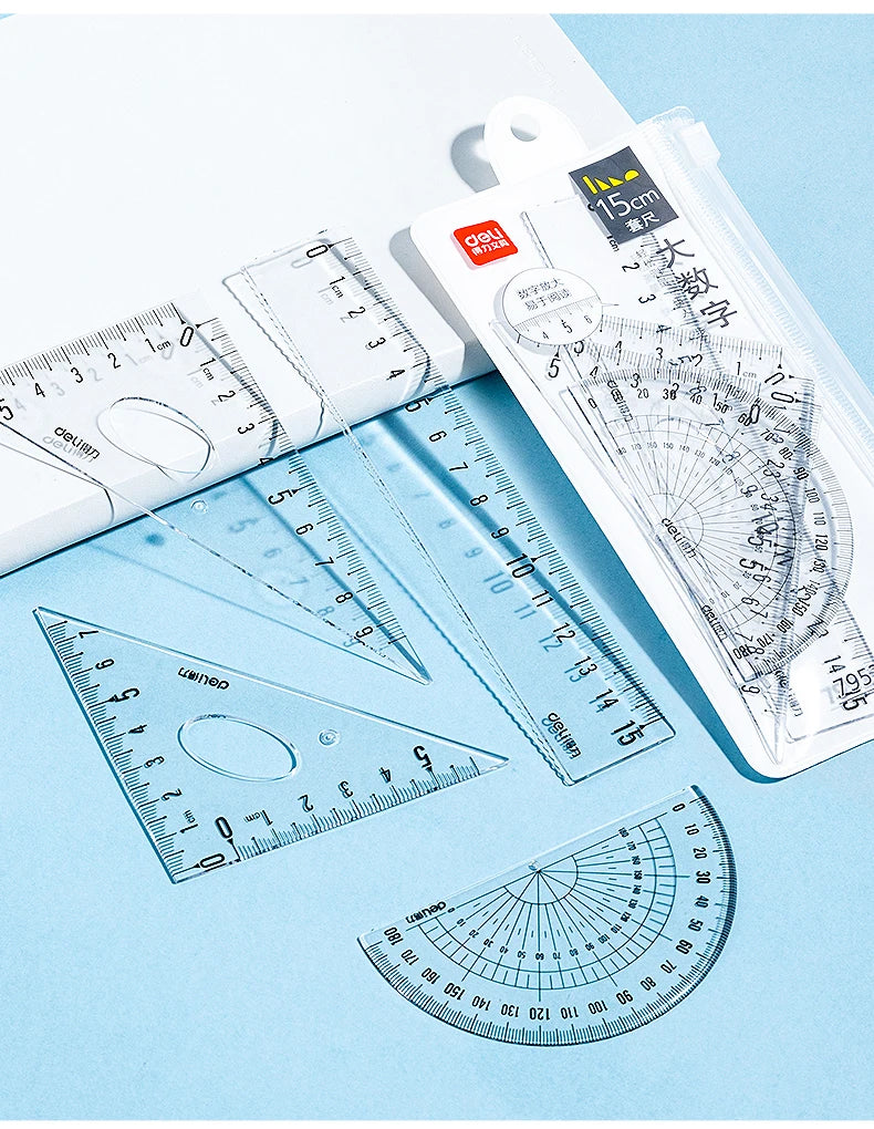 Deli 4Pcs Student Ruler Set Transparent Plastic Straight Ruler Triangle Protractor for Kids School Office Home Supplies