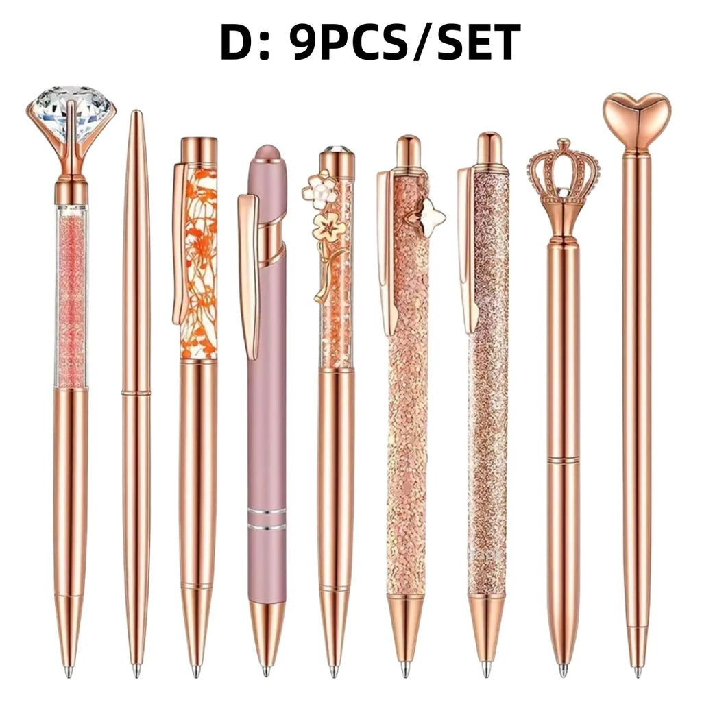 3-9pcs Rose Golden Metal Ballpoint Pen Set, Pearl Quicksand Crown, Love Artificial Diamond,School&Office Supply Gifts,Weddings