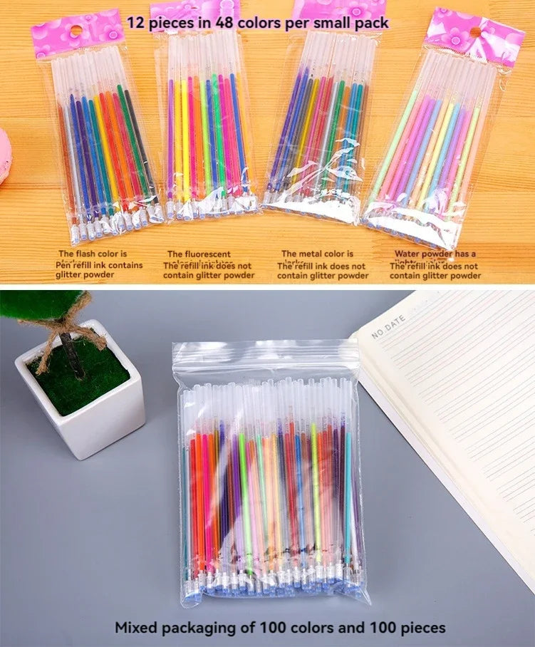 12-100pcs Glitter Pen Refills Set Flash Multicolor Gel Pen Refill Core DIY Art Writing Painting Graffiti Pen Refills Supplies