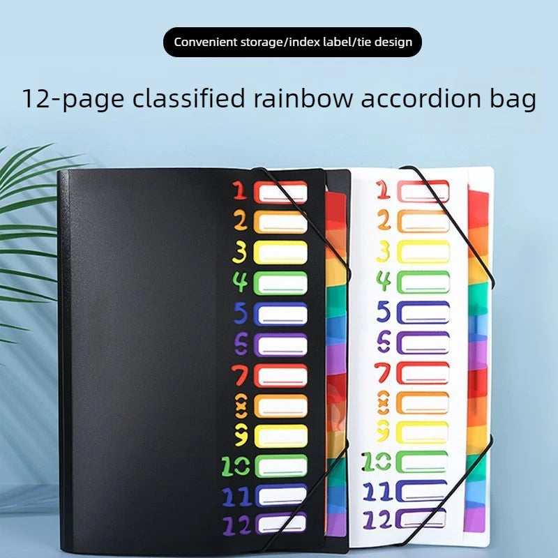 A4 12-Pocket Rainbow Accordion File Folder, Elastic Band Expanding Document Organizer with Index Tabs for School Office