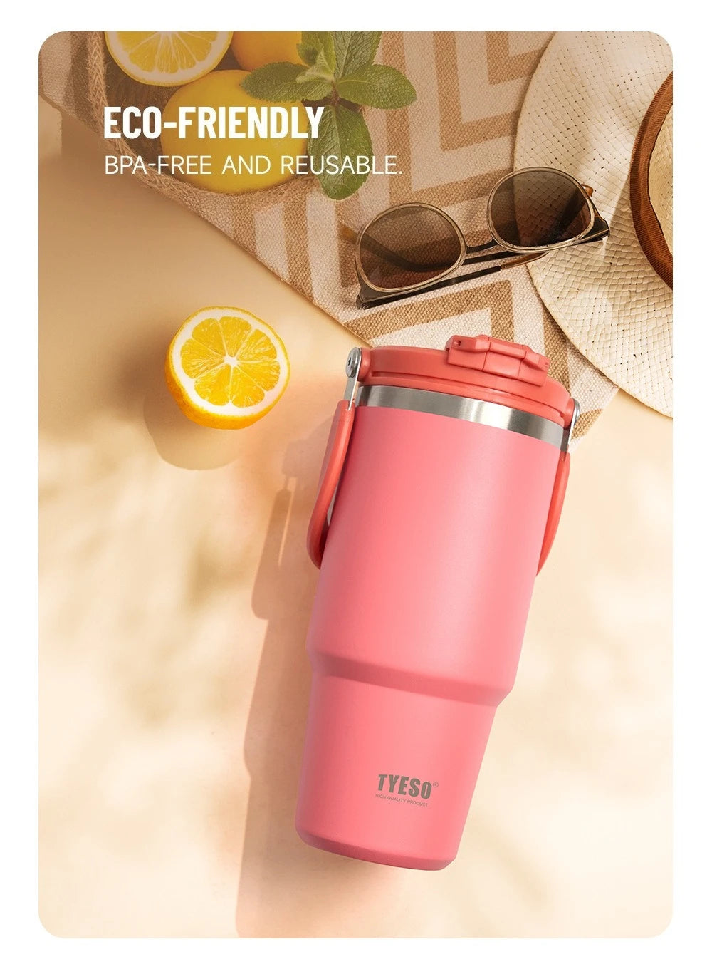 Tyeso Large-Capacity Thermoses Handle Vacuum Cup Dual-Drink Coffee Mug Stainless Steel Ice Cup Car Bottle Hot Cold Retention