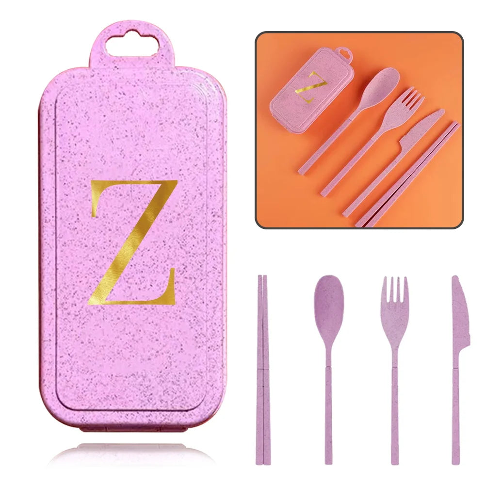 4Pcs Removable And Reusable Dinnerware Sets Spoon Knife Fork Chopsticks Organizer Case Tableware With Storage Box Letter Pattern