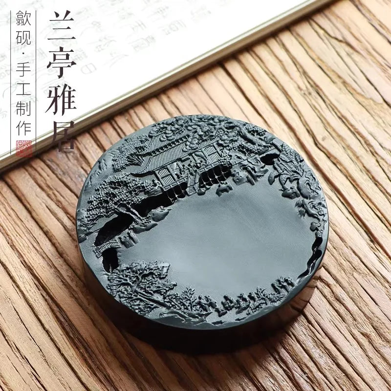Chinese Calligraphy Inkstone She Ink Stone, Natural Stone Painting Ink Slab for Brush Writing 9.8x2 cm