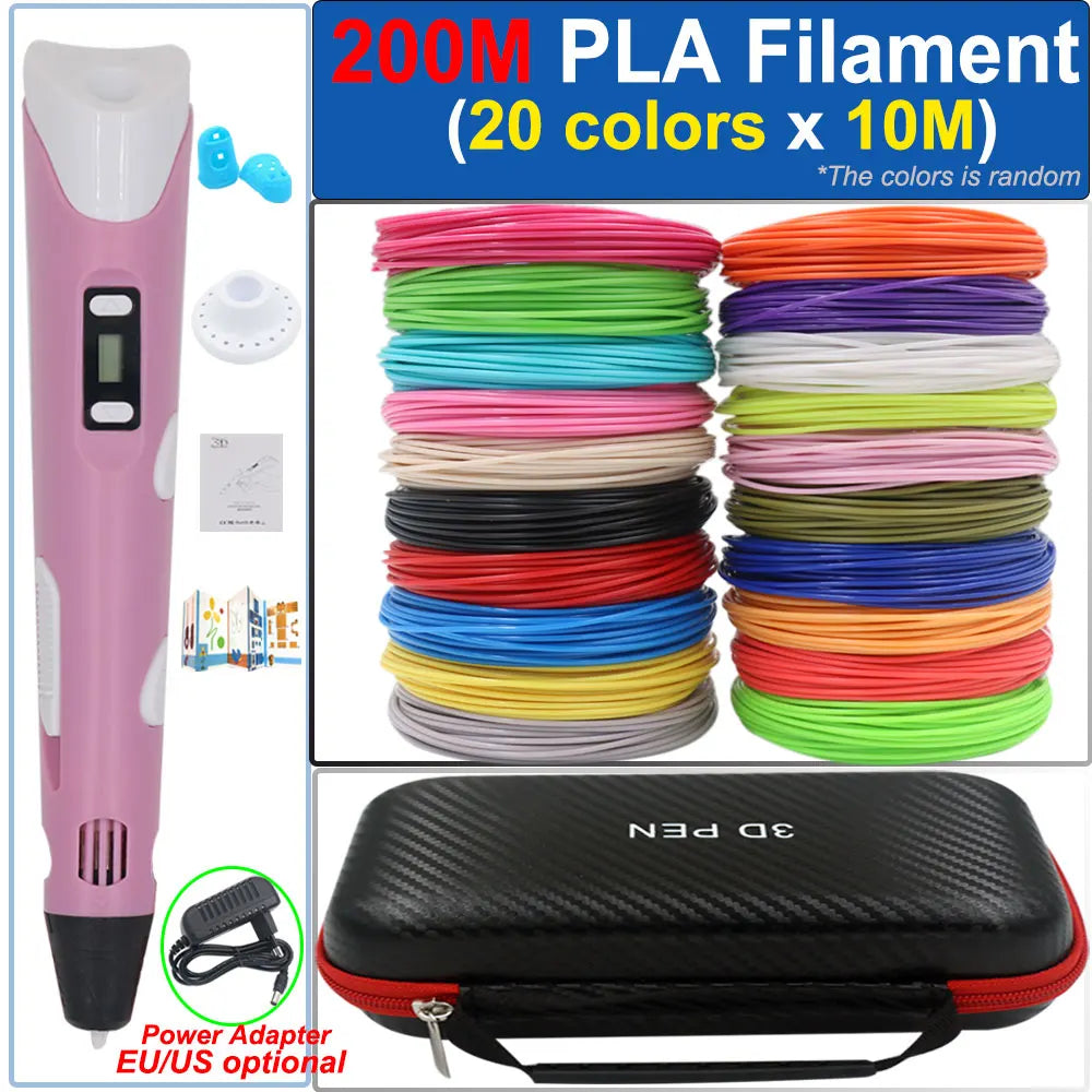 Children's 3D Pen 3D Drawing Printing Pen with LCD Screen Power Adapter 200M PLA Filament Toy Kids Christmas Birthday DIY Gift