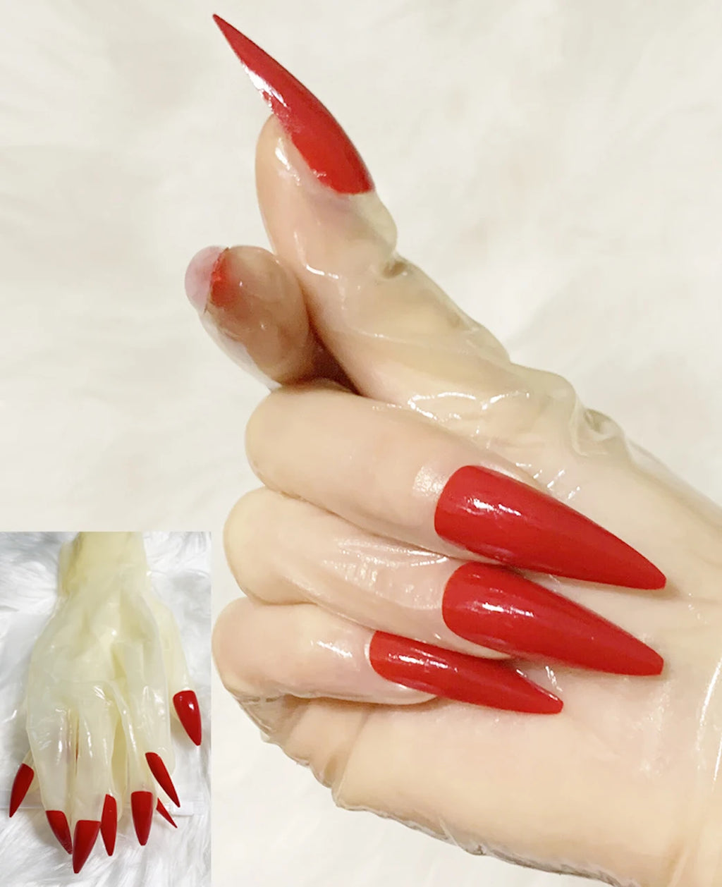A pair of Malaysian latex material supper thin transparent shiny shiny male to female latex medium long gloves with nail service