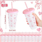 Reusable Plastic Cups With Pink Ribbons, 24 Ounces With Straws And Lids. For Parties, Drinking, Coffee, Weddings, Birthdays