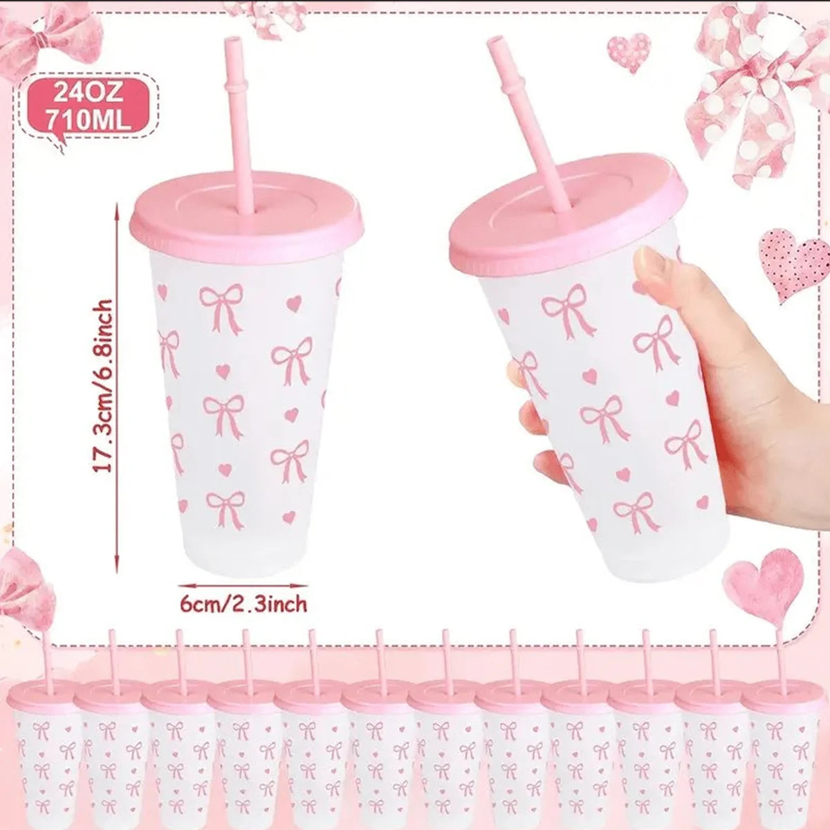 Reusable Plastic Cups With Pink Ribbons, 24 Ounces With Straws And Lids. For Parties, Drinking, Coffee, Weddings, Birthdays