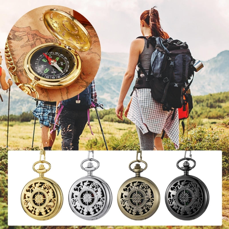 Multifunctional Pocket Watch Flip Open Survival Compass for Men Retro Hollow Out Pocket Watch Compass with Clasp Chain Dropship