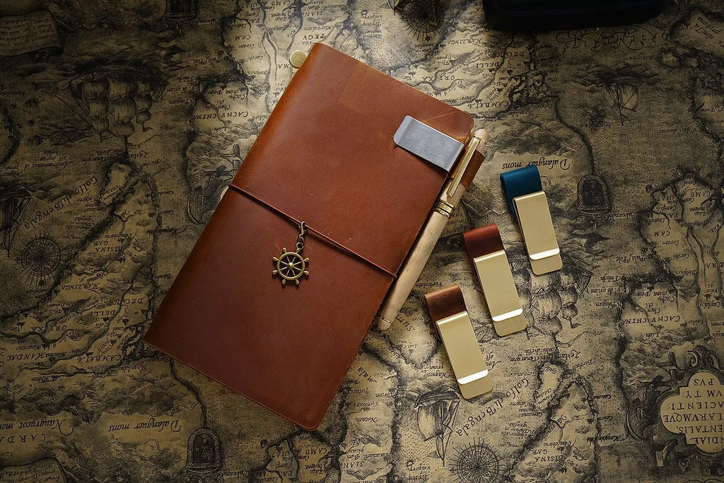 Brass Leather Pen Clip Stainless Steel Cowhide for Traveler's Notebook - Genunine Leather & Metal Notebook Accessory
