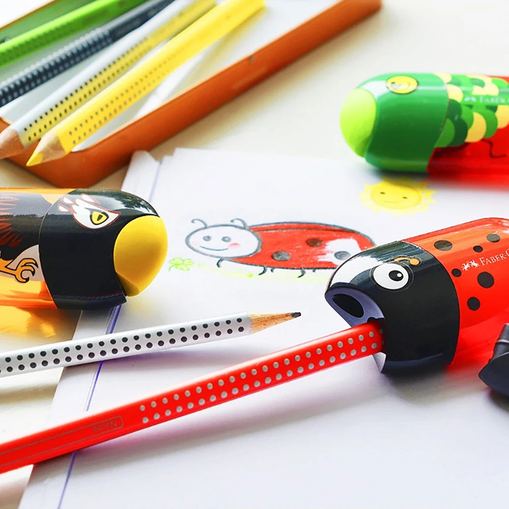 1Pc Faber Castell Double Hole Pencil Sharpener with Eraser Ladybug / Fish / Eagle Cute Stationery Back To School