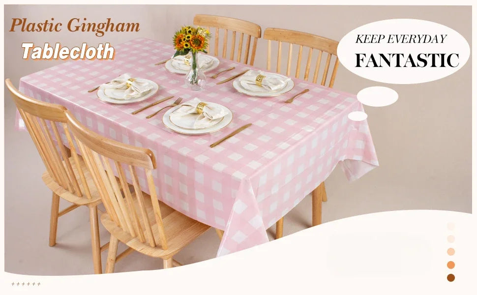 Retro Pink Gingham Tablecloth 54"x108"| Heavy-Duty Waterproof Plastic for Picnics&Coffee Shop Decor |  Party Backdrop