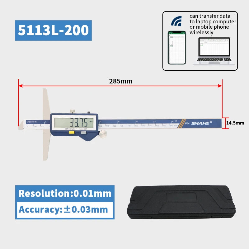 SHAHE Depth Vernier Caliper Micrometer 150/200/300 Mm Digital Vernier Caliper Stainless Steel Electric Digital Depth Gauge