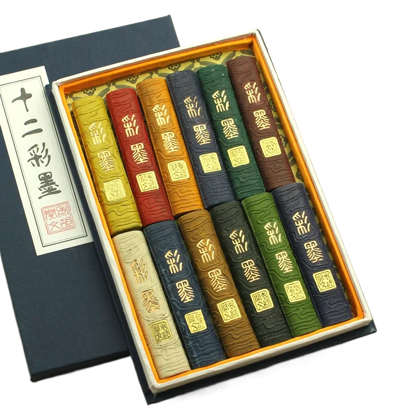 Handmade Chinese Colorful Ink Stick Set Watercolor Calligraphy Solid Ink Block Bar Hu Kaiwen Chinese Painting Colored Sumi Ink