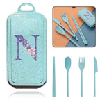 4Pcs Wheat Straw Cutlery Knife Spoon Fork Chopsticks Portable Set Plastic Detachable Dinnerware Purple Flower Letter Pattern