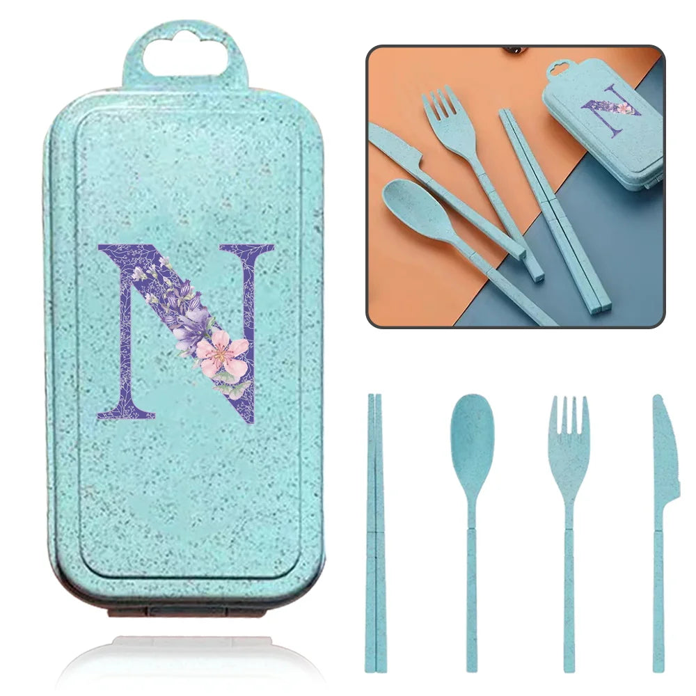 4Pcs Wheat Straw Cutlery Knife Spoon Fork Chopsticks Portable Set Plastic Detachable Dinnerware Purple Flower Letter Pattern