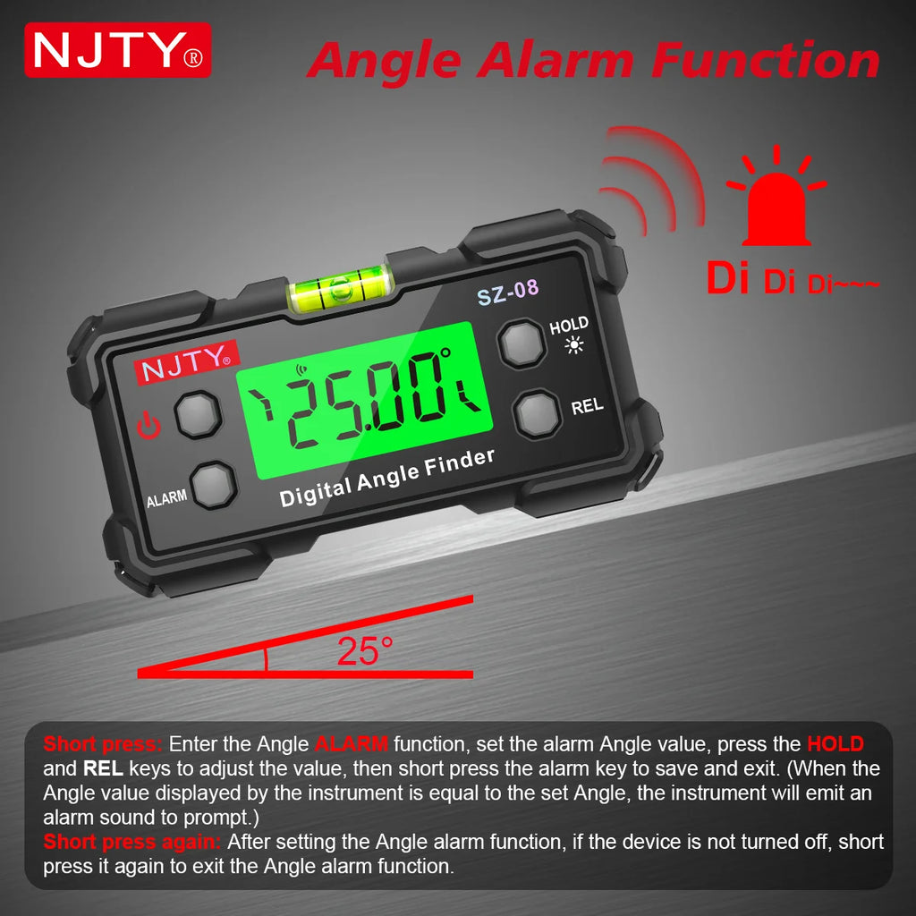 NJTY Digital Protractor Angle Finder Gauge Backlit Flip Screen Magnetic Inclinometer with Absolute REL Mode Measuring Tool