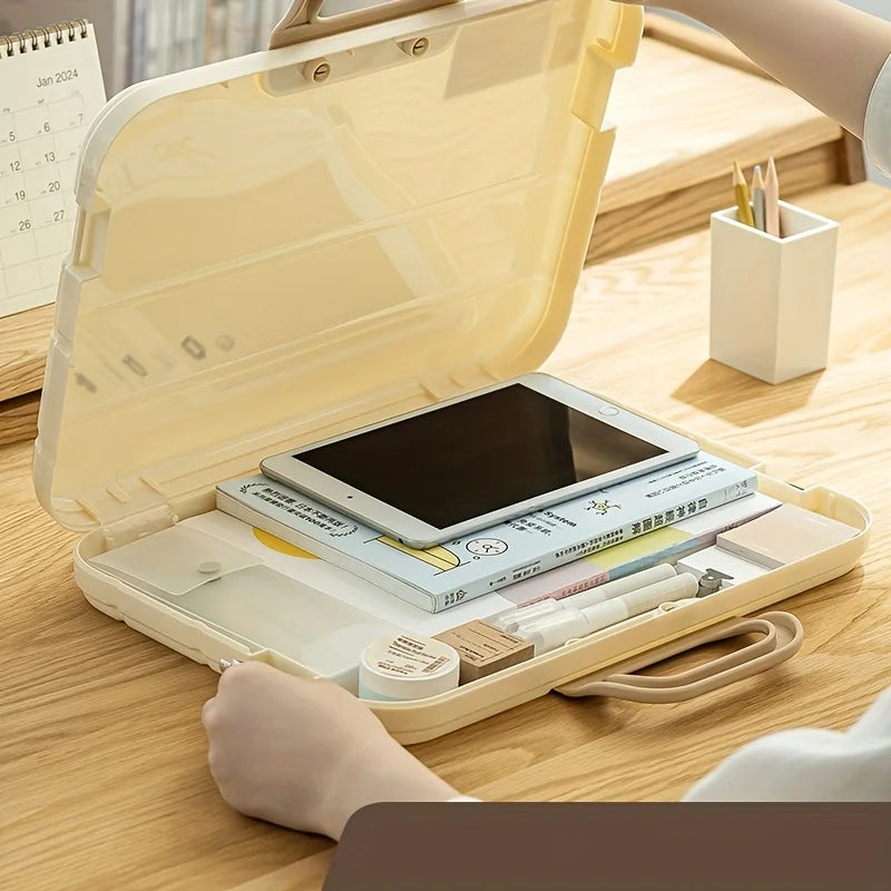 Portable A4 Plastic Document Storage Case with Handle, Waterproof Handheld File Organizer Bag for Office Travel Paper Stationery