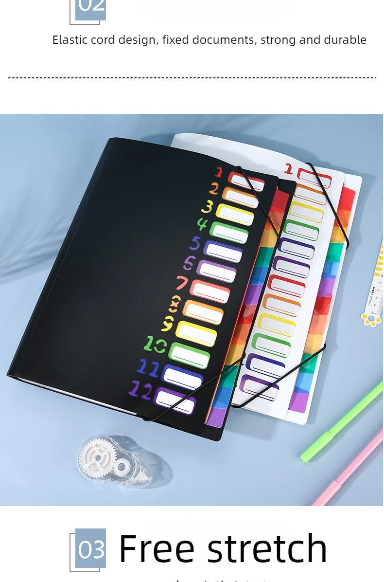 A4 12-Pocket Rainbow Accordion File Folder, Elastic Band Expanding Document Organizer with Index Tabs for School Office