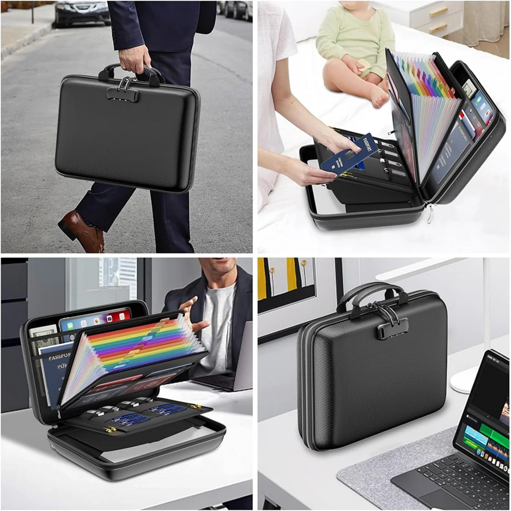 Fireproof File Organizer with Lock, Hard-Shell Case Fireproof Document Box with 13 Accordion File Folder, for Important