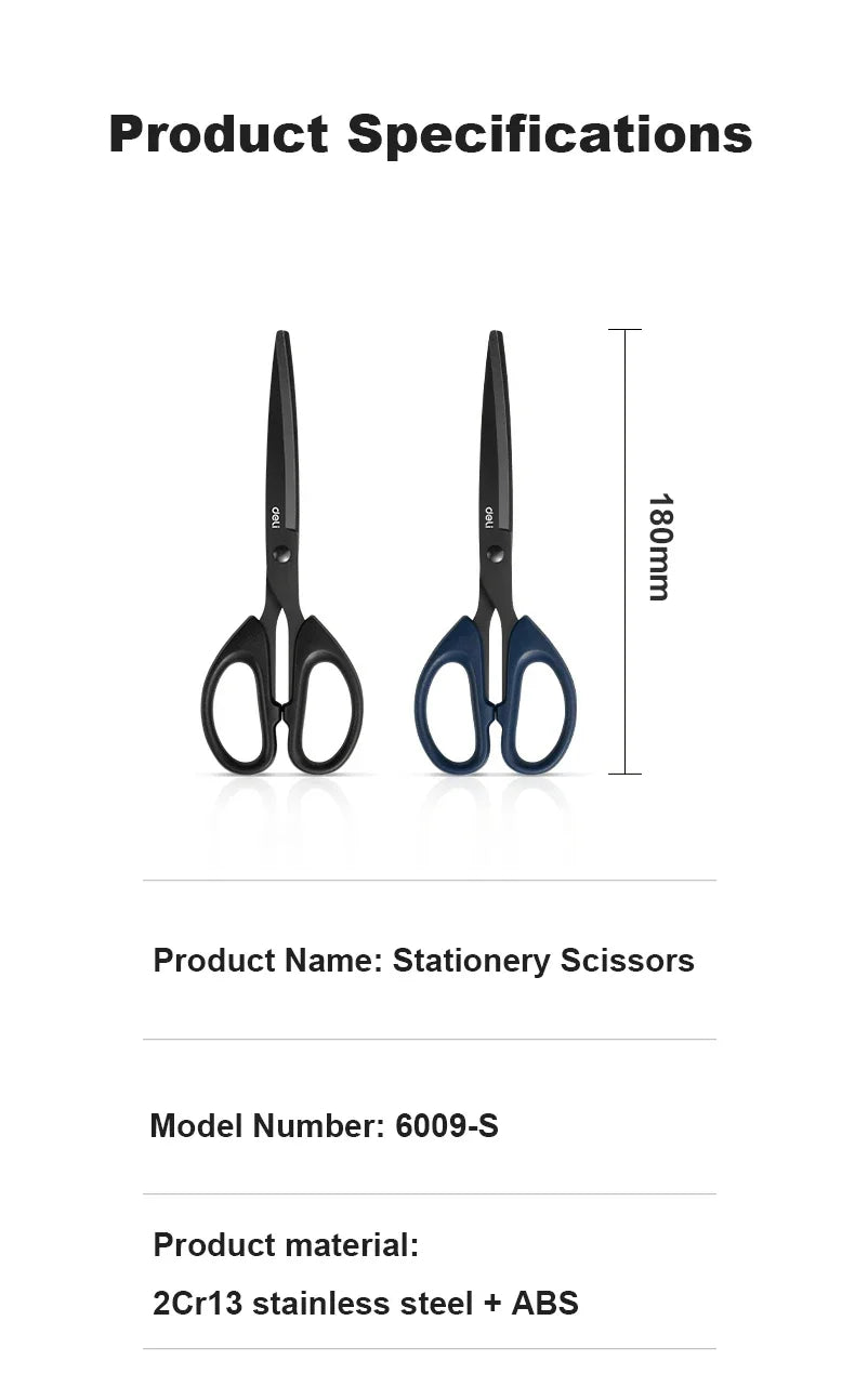 1/2pcs Deli Black Blade Scissors Stationery 180mm 7 Inch Stainless Steel Anti-Rust Sharp Office Home School Craft Cutting Tool