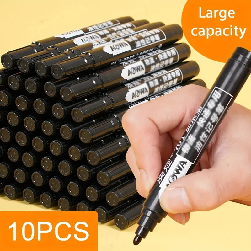 10pcs Black Waterproof Markers, Large Capacity Oil-Based Non-Fading Thick Tip Suitable for Logistics Multi-Purpose Use