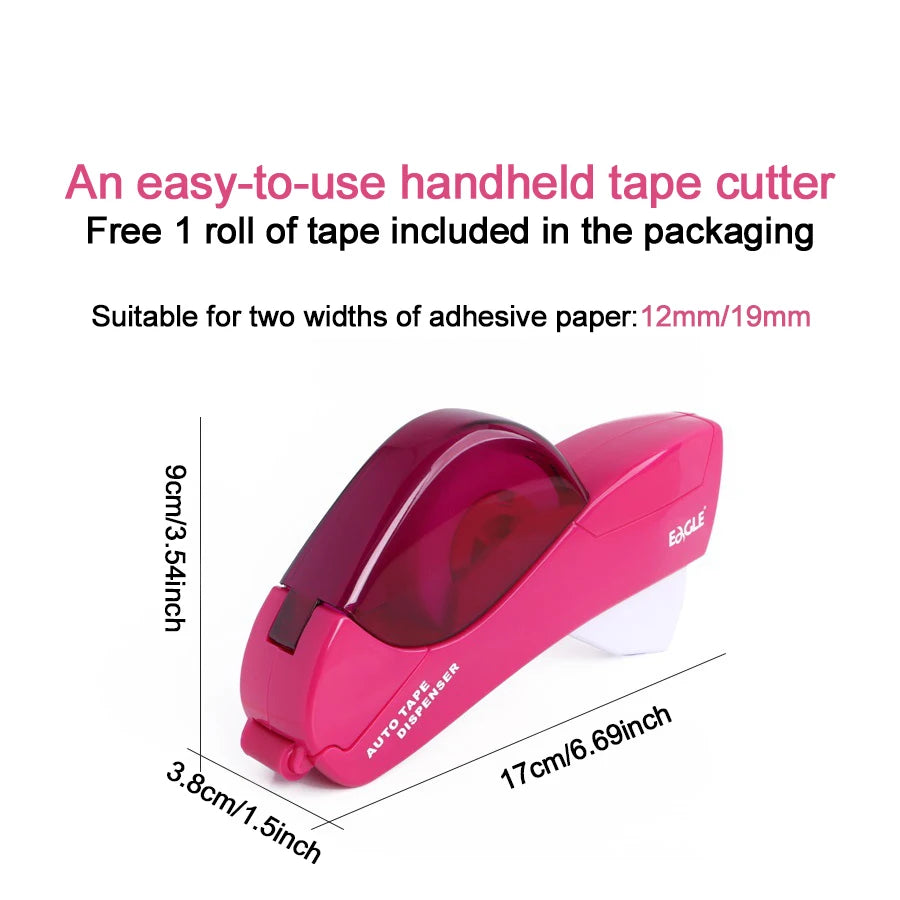 Handheld Tape Dispenser, Pink Auto Tape Cutter with 1 Roll Tape, Fits 12mm/19mm Tape, Portable Tape Holder for Office, School, D
