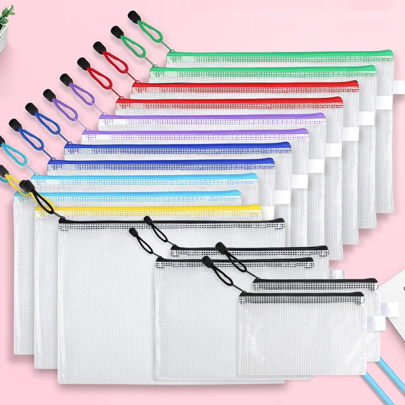 12-Piece Plastic Mesh Zip File Bag, Waterproof and Tear-Resistant File Folder, Multi-Size Zip File Bag for School Office Home Tr