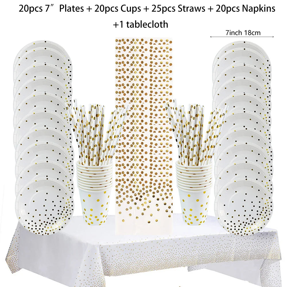 White Gold Birthday Disposable Tableware Polka Dots Paper Plate Cup Napkin Tablecloth Wedding Birthday Party Decoration Supplies