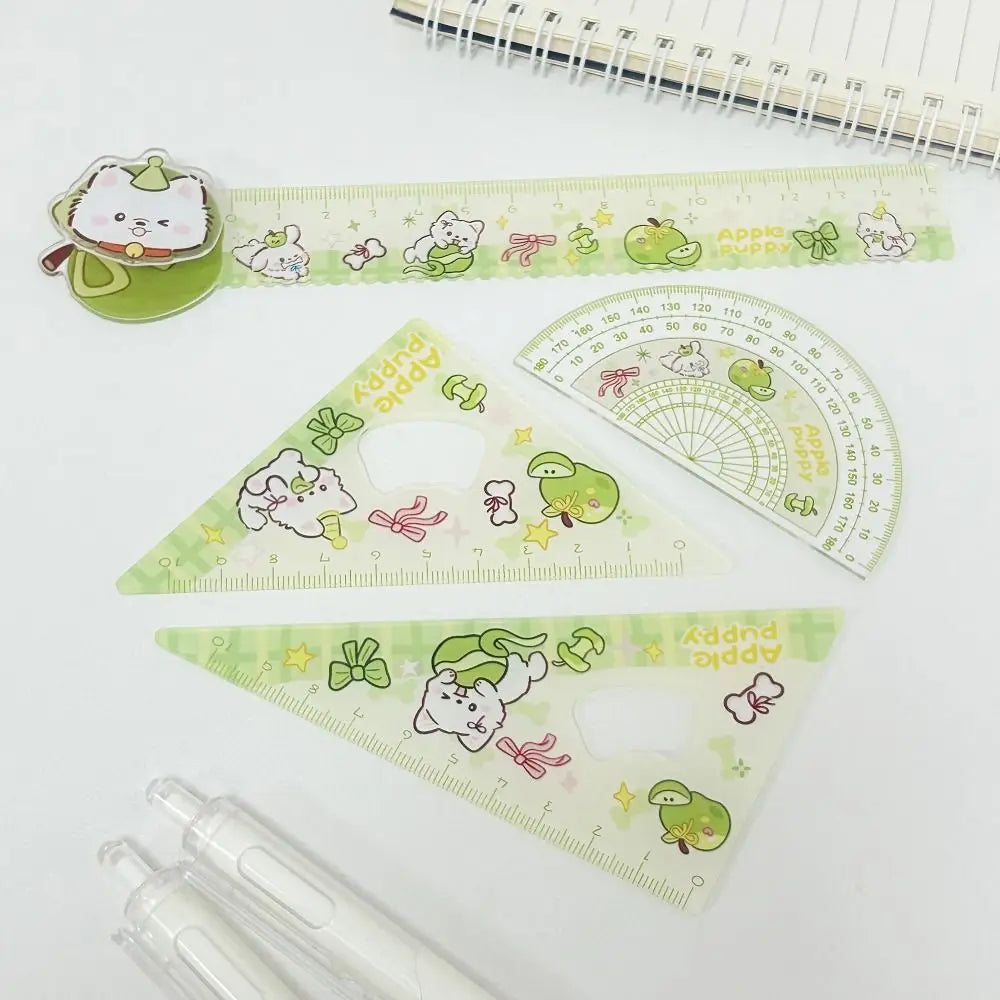 4pcs New Acrylic Ruler Set Red Kitten/Green Puppy Measurement Drawing Stationery Straight Ruler Set Square School Office
