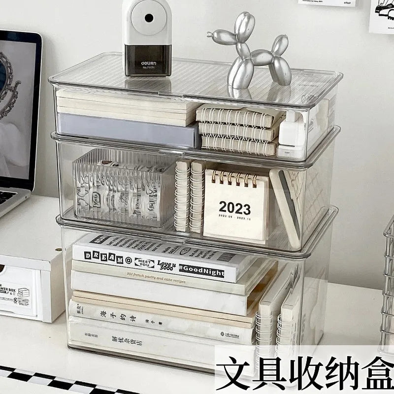 Desktop Storage Box Large Capacity with Lid Cosmetic Organizer Box Transparent Office Supplies Book Document Storage Box