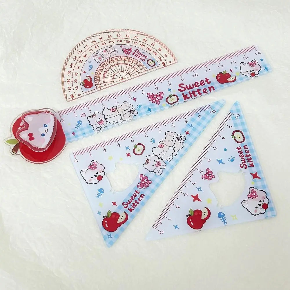 4pcs New Acrylic Ruler Set Red Kitten/Green Puppy Measurement Drawing Stationery Straight Ruler Set Square School Office
