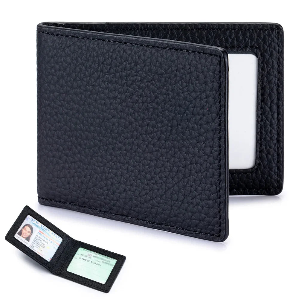 Thin Minimalist Bifold Design Driver's Licence Cover Genuine Leather ID Badge Window Slot Credit and Debit Vaccinum Cards Holder