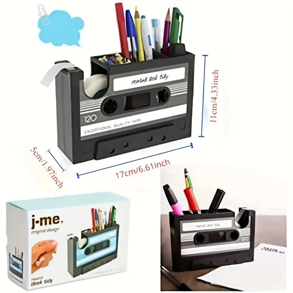 Retro Cassette Tape with Pen Holder 2 in 1 Vintage Desk Organizer for Office Home School Stationery Storage Tape Cutter Gifts