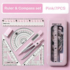 7-Pieces Plastic Geometry Drafting Kit for Students/Artists Lightweight PVC Drawing Tools with Ruler Protractor Office Supplies