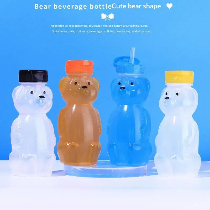 Cute Bear Shaped Bottle Plastic Drink Container Cartoon Honey Bear Straw Cup with Flexible Straws for Milk Juice Honey Storage