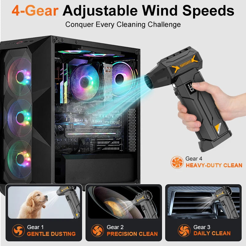 900000RPM Brushless Violent Turbo Fan 4 Speed Cordless Jet Blower Rechargeable Air Duster for Keyboard Car Pet Snow Multi Nozzle